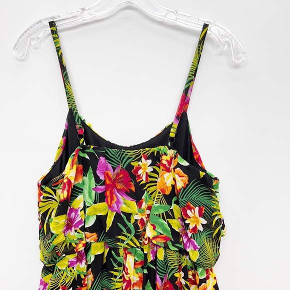 BONGO | Tropical Hawaiian Floral Chiffon Mini Sundress Black Pink Size L - Picture 6 of 11